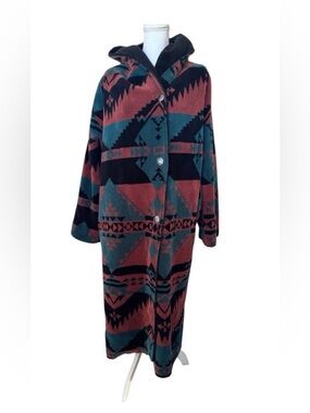 VTG Denali Reversible Aztec Fleece Coat Jacket Hooded Longline Southwest Blanket